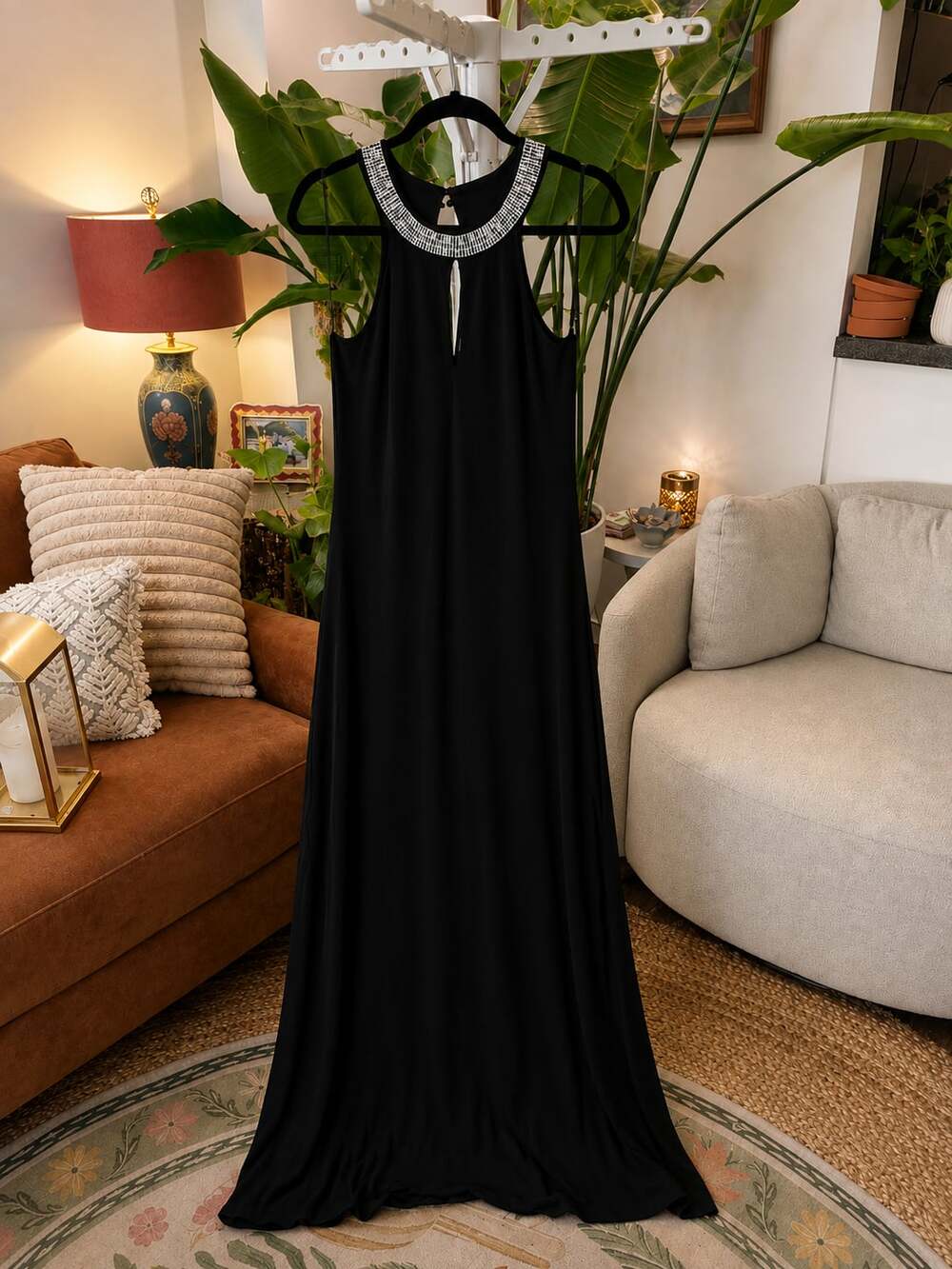 Renn Black Halter Neck Embellished Rhinestone Long Maxi Dress